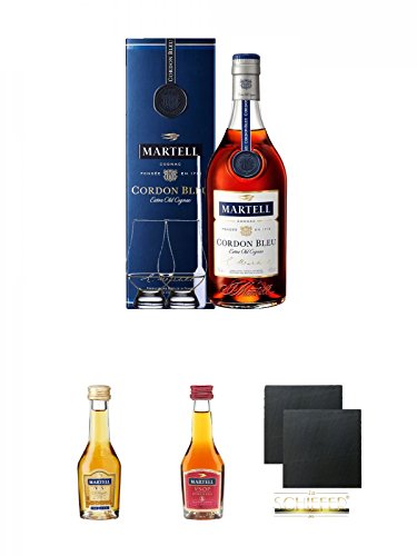 Martell Cordon Bleu Frankreich 0,7 Liter + 2 Glencairn Gläser und Einwegpipette + Martell VS Fine de Cognac Frankreich 0,05 Liter MINI + Martell VSOP Cognac Frankreich 0,05 Liter MINI + Schiefer Glasuntersetzer eckig ca. 9,5 cm Ø 2 Stück von Unbekannt