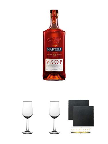 Martell VSOP Cognac Frankreich 0,7 Liter + Nosing Gläser Kelchglas Bugatti mit Eichstrich 2cl und 4cl 1 Stück + Nosing Gläser Kelchglas Bugatti mit Eichstrich 2cl und 4cl 1 Stück + Schiefer Glasuntersetzer eckig ca. 9,5 cm Ø 2 Stück von Unbekannt