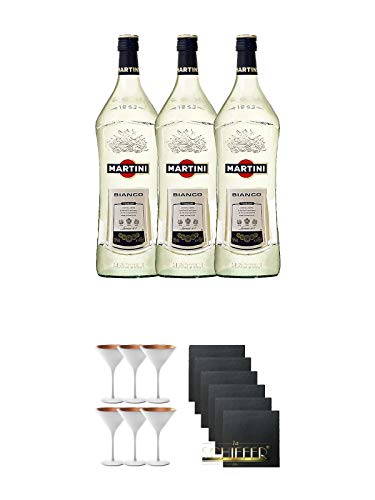 Martini Bianco Vermouth 3 x 1,5 Liter + Stölzle Cocktail-und Martiniglas Olympic Serie 6 Gläser - 1408825 + Schiefer Glasuntersetzer eckig 6 x ca. 9,5 cm Durchmesser von Unbekannt