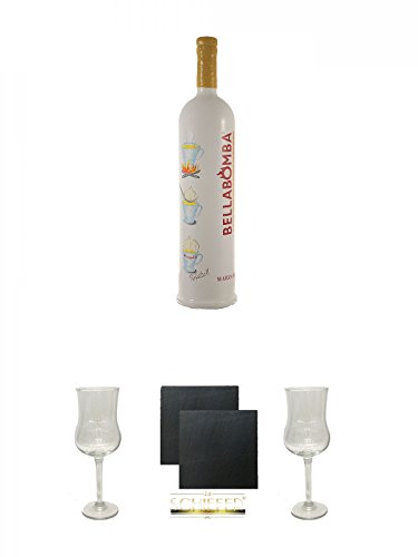 Marzadro Bellabomba - liquore Bombardino - Likör 3,0 Liter + Marzadro Grappa Gläser mit Eichstrich 2cl und 4cl 1 Stück + Schiefer Glasuntersetzer eckig ca. 9,5 cm Ø 2 Stück + Marzadro Grappa Gläser mit Eichstrich 2cl und 4cl 1 Stück von Unbekannt