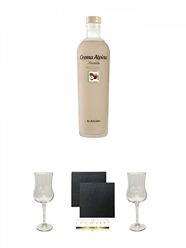 Marzadro Crema Nocciola - Haselnuss Likör 0,2 Liter + Marzadro Grappa Gläser mit Eichstrich 2cl und 4cl 1 Stück + Schiefer Glasuntersetzer eckig ca. 9,5 cm Ø 2 Stück + Marzadro Grappa Gläser mit Eichstrich 2cl und 4cl 1 Stück von Unbekannt