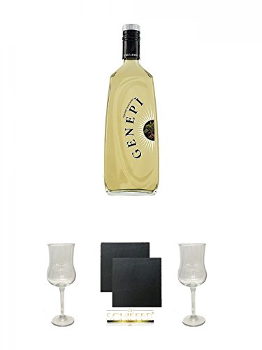 Marzadro Genepy Likör 0,7 Liter + Marzadro Grappa Gläser mit Eichstrich 2cl und 4cl 1 Stück + Schiefer Glasuntersetzer eckig ca. 9,5 cm Ø 2 Stück + Marzadro Grappa Gläser mit Eichstrich 2cl und 4cl 1 Stück von Unbekannt