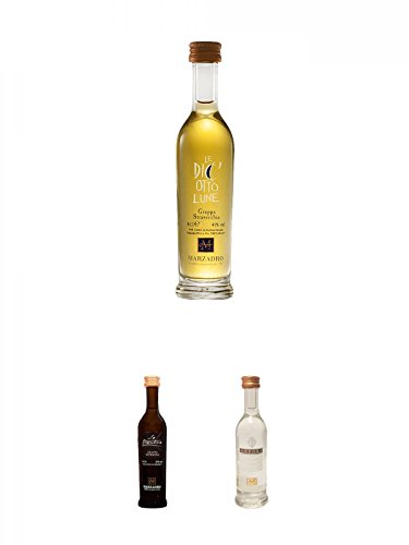 Marzadro Grappa 18Lune 0,04 Liter MINIATUR + Marzadro LA TRENTINA morbida 0,04 Liter MINIATUR + Marzadro Anfora Grappa Trentina 0,04 Liter MINIATUR von Unbekannt