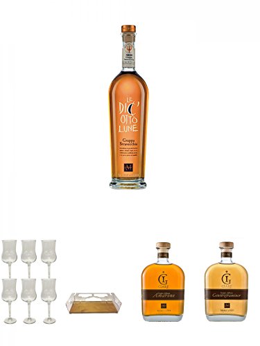 Marzadro Grappa 18Lune 0,7 Liter + Marzadro Grappa Gläser mit Eichstrich 2cl und 4cl 6 Stück + Marzadro Flaschenständer 1 Stück + Marzadro Grappa GIARE Amarone 0,7 Liter + Marzadro Grappa GIARE Gewürztraminer 0,7 Liter von Unbekannt