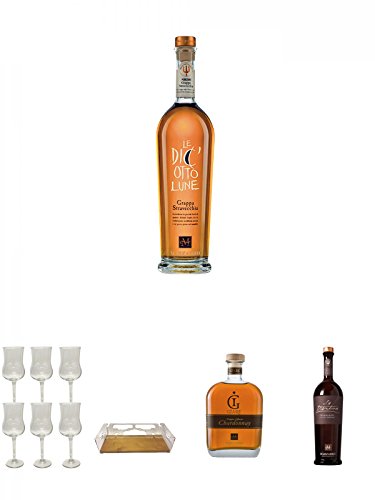 Marzadro Grappa 18Lune 0,7 Liter + Marzadro Grappa Gläser mit Eichstrich 2cl und 4cl 6 Stück + Marzadro Flaschenständer 1 Stück + Marzadro Grappa GIARE Chardonnay 0,7 Liter + Marzadro LA TRENTINA morbida 0,7 Liter von Unbekannt