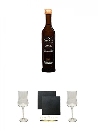 Marzadro LA TRENTINA morbida 0,04 Liter MINIATUR + Marzadro Grappa Gläser mit Eichstrich 2cl und 4cl 1 Stück + Schiefer Glasuntersetzer eckig ca. 9,5 cm Ø 2 Stück + Marzadro Grappa Gläser mit Eichstrich 2cl und 4cl 1 Stück von Unbekannt