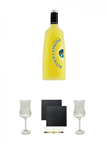 Marzadro Limoncino Riviera dei limoni- Zitrone Likör 0,7 Liter + Marzadro Grappa Gläser mit Eichstrich 2cl und 4cl 1 Stück + Schiefer Glasuntersetzer eckig ca. 9,5 cm Ø 2 Stück + Marzadro Grappa Gläser mit Eichstrich 2cl und 4cl 1 Stück von Unbekannt