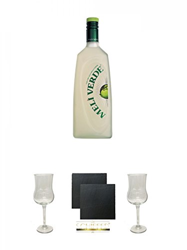 Marzadro Meli Verde - Grüner Apfel Likör 0,2 Liter + Marzadro Grappa Gläser mit Eichstrich 2cl und 4cl 1 Stück + Schiefer Glasuntersetzer eckig ca. 9,5 cm Ø 2 Stück + Marzadro Grappa Gläser mit Eichstrich 2cl und 4cl 1 Stück von Unbekannt