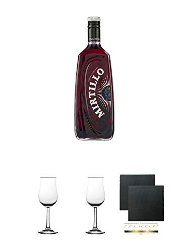 Marzadro Mirtillo - Blueberry mit Früchten Likör 0,7 Liter + Nosing Gläser Kelchglas Bugatti mit Eichstrich 2cl und 4cl 1 Stück + Nosing Gläser Kelchglas Bugatti mit Eichstrich 2cl und 4cl 1 Stück + Schiefer Glasuntersetzer eckig ca. 9,5 cm Ø 2 Stück von Unbekannt