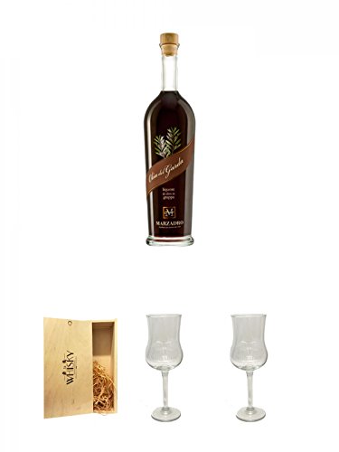 Marzadro Tradizione "LAGO di GARDA" Olia del Garda Likör 0,7 Liter + 1a Whisky Holzbox für 2 Flaschen mit Schiebedeckel + Marzadro Grappa Gläser mit Eichstrich 2cl und 4cl 1 Stück + Marzadro Grappa Gläser mit Eichstrich 2cl und 4cl 1 Stück von Unbekannt