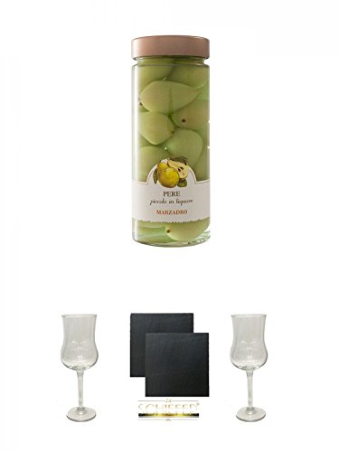 Marzadro Vaso Frutta Pere S.Lucia - Birnen Likör 0,35 Liter mit Früchten + Marzadro Grappa Gläser mit Eichstrich 2cl und 4cl 1 Stück + Schiefer Glasuntersetzer eckig ca. 9,5 cm Ø 2 Stück + Marzadro Grappa Gläser mit Eichstrich 2cl und 4cl 1 Stück von Unbekannt