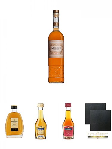 Merlet Cognac VSOP 0,2 Liter + Hennessy Fine de Cognac Frankreich 5 cl + Martell VS Fine de Cognac Frankreich 0,05 Liter MINI + Martell VSOP Cognac Frankreich 0,05 Liter MINI + Schiefer Glasuntersetzer eckig ca. 9,5 cm Ø 2 Stück von Unbekannt