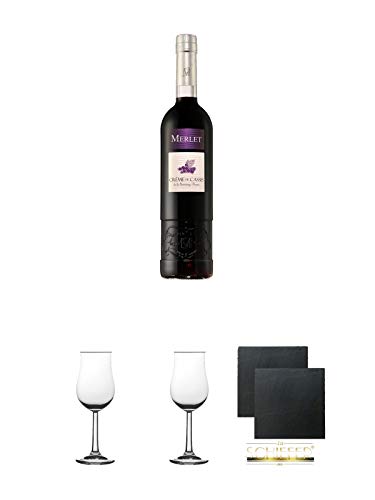 Merlet Creme de Cassis 0,7 Liter + 2 Bugatti Nosing Gläser mit Eichstrich 2cl und 4cl + 2 Schiefer Glasuntersetzer eckig ca. 9,5 cm Ø Merlet Creme de Cassis 0,7 Liter + 2 Bugatti Nosing Gläser mit Eichstrich 2cl und 4cl + 2 Schiefer Glasuntersetzer eckig ca. 9,5 cm Ø von Diverse