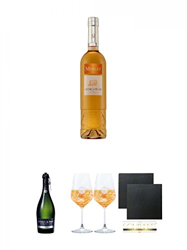 Merlet Creme de Peche de Vigne 0,7 Liter + Scavi & Ray Frizzante 0,75 Liter + Miamee Goldwasser Cocktail Gläser mit 5cl Eichstrich 2 Stück + Schiefer Glasuntersetzer eckig ca. 9,5 cm Ø 2 Stück von Unbekannt