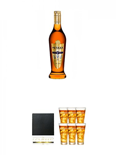 Metaxa 7* Sterne Weinbrand Brandy 0,7 Liter + Schiefer Glasuntersetzer eckig ca. 9,5 cm Durchmesser + Metaxa Spyro 6 x Gläser mit Eichstrich 2cl und 4cl Metaxa 7* Sterne Weinbrand Brandy 0,7 Liter + Schiefer Glasuntersetzer eckig ca. 9,5 cm Durchmesser + Metaxa Spyro 6 x Gläser mit Eichstrich 2cl und 4cl von Diverse