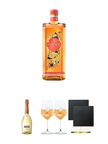 Miamee Orange Goldwasser Likör 0,7 Liter + Asti Spumante 0,75 Liter + Miamee Goldwasser Cocktail Gläser mit 5cl Eichstrich 2 Stück + Schiefer Glasuntersetzer eckig ca. 9,5 cm Ø 2 Stück von Unbekannt