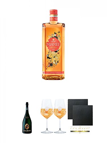 Miamee Orange Goldwasser Likör 0,7 Liter + Fürst von Metternich Riesling Sekt Trocken Deutschland 1,5 Liter + Miamee Goldwasser Cocktail Gläser mit 5cl Eichstrich 2 Stück + Schiefer Glasuntersetzer eckig ca. 9,5 cm Ø 2 Stück von Unbekannt