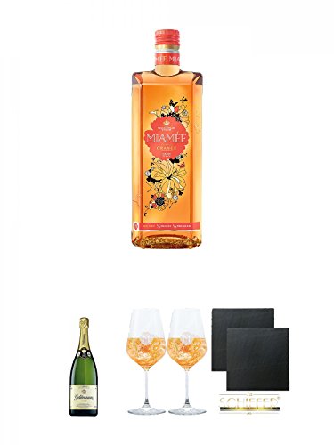 Miamee Orange Goldwasser Likör 0,7 Liter + Geldermann - Brut - Flaschengärung - Trocken - Deutschland 1,5 Liter + Miamee Goldwasser Cocktail Gläser mit 5cl Eichstrich 2 Stück + Schiefer Glasuntersetzer eckig ca. 9,5 cm Ø 2 Stück von Unbekannt