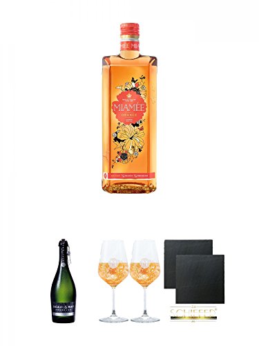 Miamee Orange Goldwasser Likör 0,7 Liter + Scavi & Ray Frizzante 0,75 Liter + Miamee Goldwasser Cocktail Gläser mit 5cl Eichstrich 2 Stück + Schiefer Glasuntersetzer eckig ca. 9,5 cm Ø 2 Stück von Unbekannt