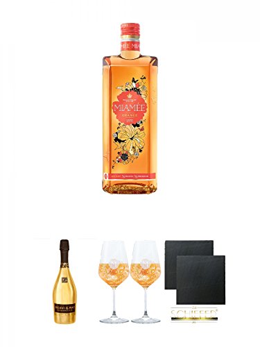 Miamee Orange Goldwasser Likör 0,7 Liter + Scavi & Ray Oro Momento Gold 0,75 Liter + Miamee Goldwasser Cocktail Gläser mit 5cl Eichstrich 2 Stück + Schiefer Glasuntersetzer eckig ca. 9,5 cm Ø 2 Stück von Unbekannt