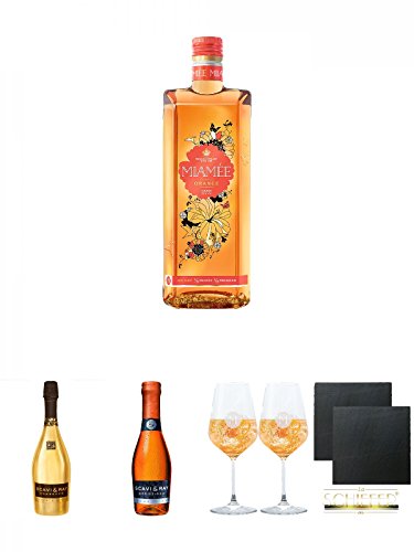 Miamee Orange Goldwasser Likör 0,7 Liter + Scavi & Ray Oro Momento Gold 0,75 Liter + Scavi & Ray Sprizzione 0,75 Liter + Miamee Goldwasser Cocktail Gläser mit 5cl Eichstrich 2 Stück + Schiefer Glasuntersetzer eckig ca. 9,5 cm Ø 2 Stück von Unbekannt