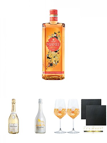 Miamee Orange Goldwasser Likör 0,7 Liter + Schlumberger Sekt Sparkling Brut 0,75 Liter + Schlumberger Sekt White Secco Österreich 0,75 Liter + Miamee Goldwasser Cocktail Gläser mit 5cl Eichstrich 2 Stück + Schiefer Glasuntersetzer eckig ca. 9,5 cm Ø 2 Stü von Unbekannt