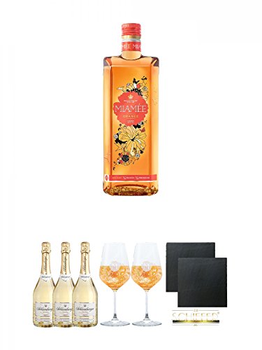 Miamee Orange Goldwasser Likör 0,7 Liter + Schlumberger Sekt Sparkling Brut 3 x 0,75 Liter + Miamee Goldwasser Cocktail Gläser mit 5cl Eichstrich 2 Stück + Schiefer Glasuntersetzer eckig ca. 9,5 cm Ø 2 Stück von Unbekannt