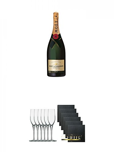 Moet Chandon Brut Imperial Magnum Champagner 1,5 Liter + Stölzle Exquisit Sektkelch 6er Pack + Schiefer Glasuntersetzer eckig 6 x ca. 9,5 cm Durchmesser von Unbekannt