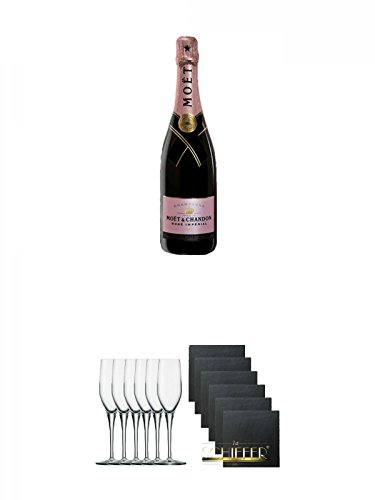 Moet Chandon Brut Rosé Imperial Champagner 0,75 Liter + Stölzle Exquisit Sektkelch 6er Pack + Schiefer Glasuntersetzer eckig 6 x ca. 9,5 cm Durchmesser von Unbekannt
