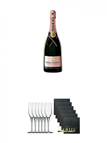 Moet Chandon Brut Rosé Imperial Champagner 1,5 Liter + Stölzle Exquisit Sektkelch 6er Pack + Schiefer Glasuntersetzer eckig 6 x ca. 9,5 cm Durchmesser von Unbekannt