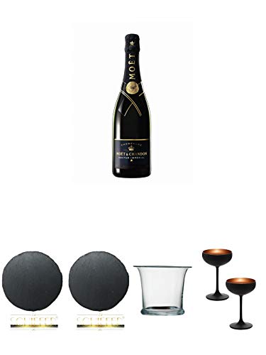 Moet Chandon Nectar Imperial Champagner 0,75 Liter + Schiefer Glasuntersetzer RUND ca. 9,5 cm Durchmesser + Schiefer Glasuntersetzer RUND ca. 9,5 cm Durchmesser + Sekt/Champagnerkühler mundgeblasen 1 Stück - 2000055 + Sektschale/Champagnerschale Stölzle von Unbekannt