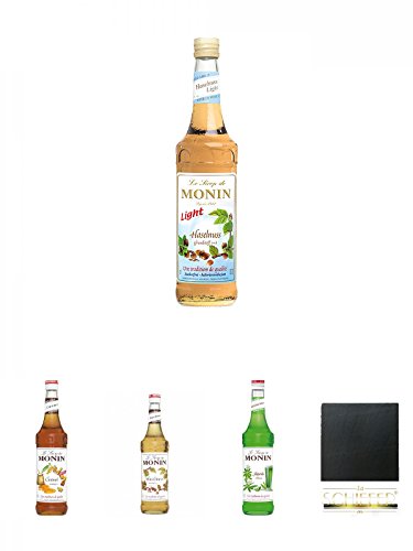 Monin Haselnuss - Light - Sirup 0,7 Liter + Monin Caramel Sirup 0,7 Liter + Monin Haselnuss Sirup 0,7 Liter + Monin Waldmeister (Asperule) Sirup 0,7 Liter + Schiefer Glasuntersetzer eckig ca. 9,5 cm Durchmesser von Unbekannt