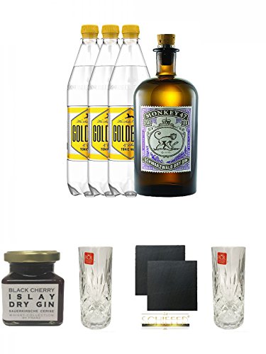 Monkey 47 Gin & 3 x 1,0 Liter Goldberg BIG Tonic Set + Islay Dry Gin Black Cherry Sauerkirsche Marmelade 150 Gramm + Windspiel Hi-Ball Glas 1 Stück 350 ml + Schiefer Glasuntersetzer eckig ca. 9,5 cm Ø 2 Stück + Windspiel Hi-Ball Glas 1 Stück 350 ml von Unbekannt