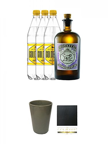 Monkey 47 Gin & 3 x 1,0 Liter Goldberg BIG Tonic Set + Monkey 47 Ton Becher in Grau 1 Stück + Schiefer Glasuntersetzer eckig ca. 9,5 cm Durchmesser von Unbekannt