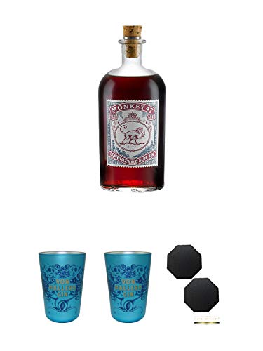 Monkey 47 SLOE GIN Schwarzwald Dry Gin 0,5 Liter + Von Hallers Gin Becher EDITION GÖTTINGEN aus Kristallglas 1 Stück + Von Hallers Gin Becher EDITION GÖTTINGEN aus Kristallglas 1 Stück + Schiefer Glasuntersetzer achteckig 2 x ca. 9,5 cm Durchmesser von Unbekannt