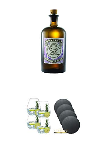 Monkey 47 Schwarzwald Dry Gin 0,5 Liter + Gin Tonic Glas - 5414/67 4er Set + Schiefer Glasuntersetzer rund 4 x ca. 9,5 cm Durchmesser von Unbekannt