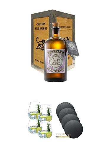 Monkey 47 Schwarzwald Dry Gin 0,5 Liter in Monkey Holzkiste + Gin Tonic Glas - 5414/67 4er Set + Schiefer Glasuntersetzer rund 4 x ca. 9,5 cm Durchmesser von Unbekannt