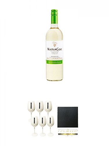 Mouton Cadet Sauvignon Blanc Bordeaux AOC 0,75 Liter + Scavi & Ray Ice (Milchglas) Prestige Leonardo Glas 6 Stück + Schiefer Glasuntersetzer eckig ca. 9,5 cm Durchmesser von Unbekannt