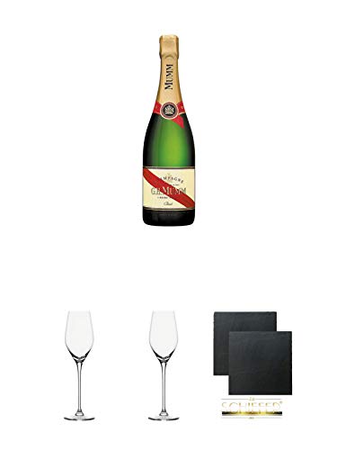 Mumm Cordon Rouge Champagner 0,75 Liter + Champagnerkelch Stölzle Exquisit Royal Serie - 149/29 + Champagnerkelch Stölzle Exquisit Royal Serie - 149/29 + Schiefer Glasuntersetzer eckig ca. 9,5 cm Ø 2 Stück von Unbekannt