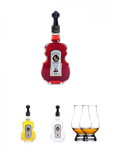 Nannerl Cherry Likör in Geigenform 0,5 Liter + Nannerl Marillen Likör 20% in Geigenform 0,5 Liter + Nannerl Marillenschnaps 38% in Geigenform 0,5 Liter + The Glencairn Glas Stölzle 2 Stück von Unbekannt