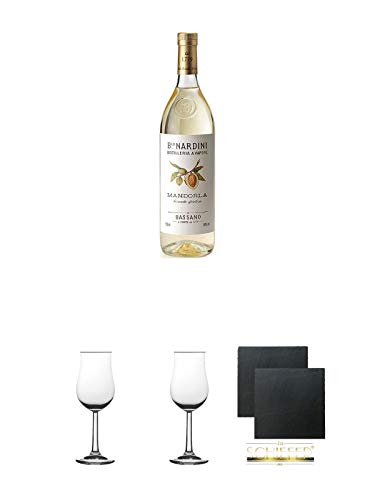 Nardini Grappa alla Mandorla mit Mandelgeschmack Italien 1,0 Liter + 2 Bugatti Nosing Gläser mit Eichstrich 2cl und 4cl + 2 Schiefer Glasuntersetzer eckig ca. 9,5 cm Ø Nardini Grappa alla Mandorla mit Mandelgeschmack Italien 1,0 Liter + 2 Bugatti Nosing Gläser mit Eichstrich 2cl und 4cl + 2 Schiefer Glasuntersetzer eckig ca. 9,5 cm Ø von Diverse
