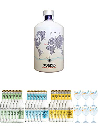 Nordes Atlantic Gin 0,7 Liter + Fever Tree Elderflower Tonic Water 6 x 0,2 Liter + Fever Tree Mediterranean Tonic Water 6 x 0,2 Liter + Fever Tree Tonic Water 6 x 0,2 Liter + Gin Sul Copo Ballon Glas 6 Stück von Unbekannt