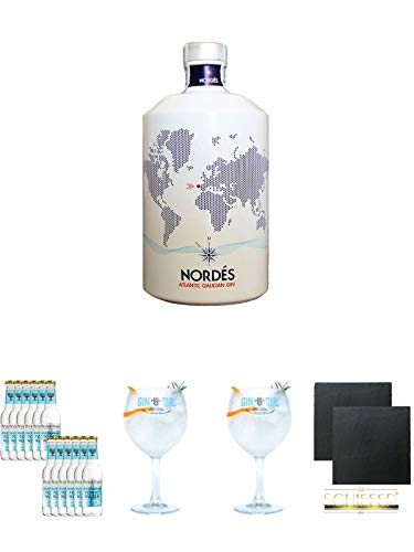 Nordes Atlantic Gin 0,7 Liter + Fever Tree Mediterranean Tonic Water 12 x 0,2 Liter + Gin Sul Copo Ballon Glas 1 Stück + Gin Sul Copo Ballon Glas 1 Stück + Schiefer Glasuntersetzer eckig ca. 9,5 cm Ø 2 Stück von Unbekannt