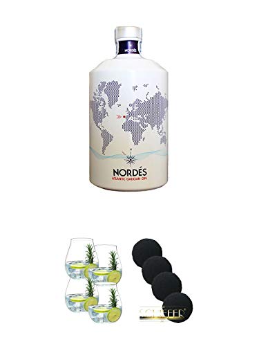 Nordes Atlantic Gin 0,7 Liter + Gin Tonic Glas - 5414/67 4er Set + Schiefer Glasuntersetzer rund 4 x ca. 7 cm Durchmesser von Unbekannt