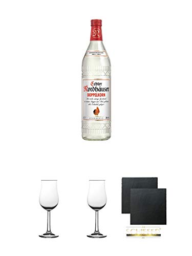 Nordhäuser Doppelkorn aus Deutschland 0,70 Liter + 2 Bugatti Nosing Gläser mit Eichstrich 2cl und 4cl + 2 Schiefer Glasuntersetzer eckig ca. 9,5 cm Ø Nordhäuser Doppelkorn aus Deutschland 0,70 Liter + 2 Bugatti Nosing Gläser mit Eichstrich 2cl und 4cl + 2 Schiefer Glasuntersetzer eckig ca. 9,5 cm Ø von Diverse
