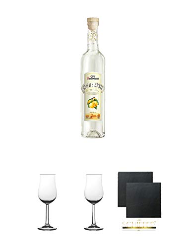 Nordhäuser Reiche Ernte Mirabelle Deutschland 0,50 Liter + 2 Bugatti Nosing Gläser mit Eichstrich 2cl und 4cl + 2 Schiefer Glasuntersetzer eckig ca. 9,5 cm Ø Nordhäuser Reiche Ernte Mirabelle Deutschland 0,50 Liter + 2 Bugatti Nosing Gläser mit Eichstrich 2cl und 4cl + 2 Schiefer Glasuntersetzer eckig ca. 9,5 cm Ø von Diverse