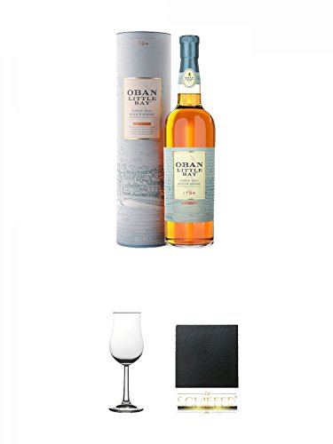 Oban Little Bay Single Malt Scotch Whisky Small Cask 0,7 Liter + Whisky Nosing Gläser Kelchglas Bugatti mit Eichstrich 2cl und 4cl 1 Stück + Schiefer Glasuntersetzer eckig ca. 9,5 cm Durchmesser von Unbekannt