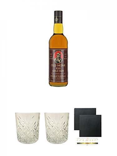 Old Monk XXX Gold Rum Indien 0,7 Liter + Rum Glas 1 Stück + Rum Glas 1 Stück + Schiefer Glasuntersetzer eckig ca. 9,5 cm Ø 2 Stück von Unbekannt