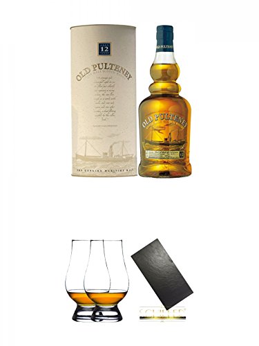 Old Pulteney 12 Jahre Single Malt Whisky 0,7 Liter + The Glencairn Glass Whisky Glas Stölzle 2 Stück + Buffet-Platte Servierplatte Schieferplatte aus Schiefer 60 x 30 cm schwarz von Unbekannt