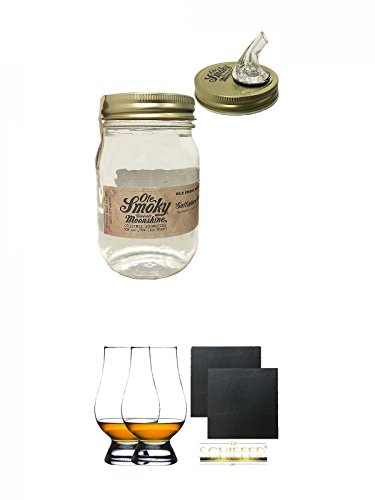Ole Smoky Moonshine Original (100 proof) im 0,5 Liter Glas + Ole Smoky Ausgiesser + The Glencairn Glass Whisky Glas Stölzle 2 Stück + Schiefer Glasuntersetzer eckig ca. 9,5 cm Ø 2 Stück von Unbekannt